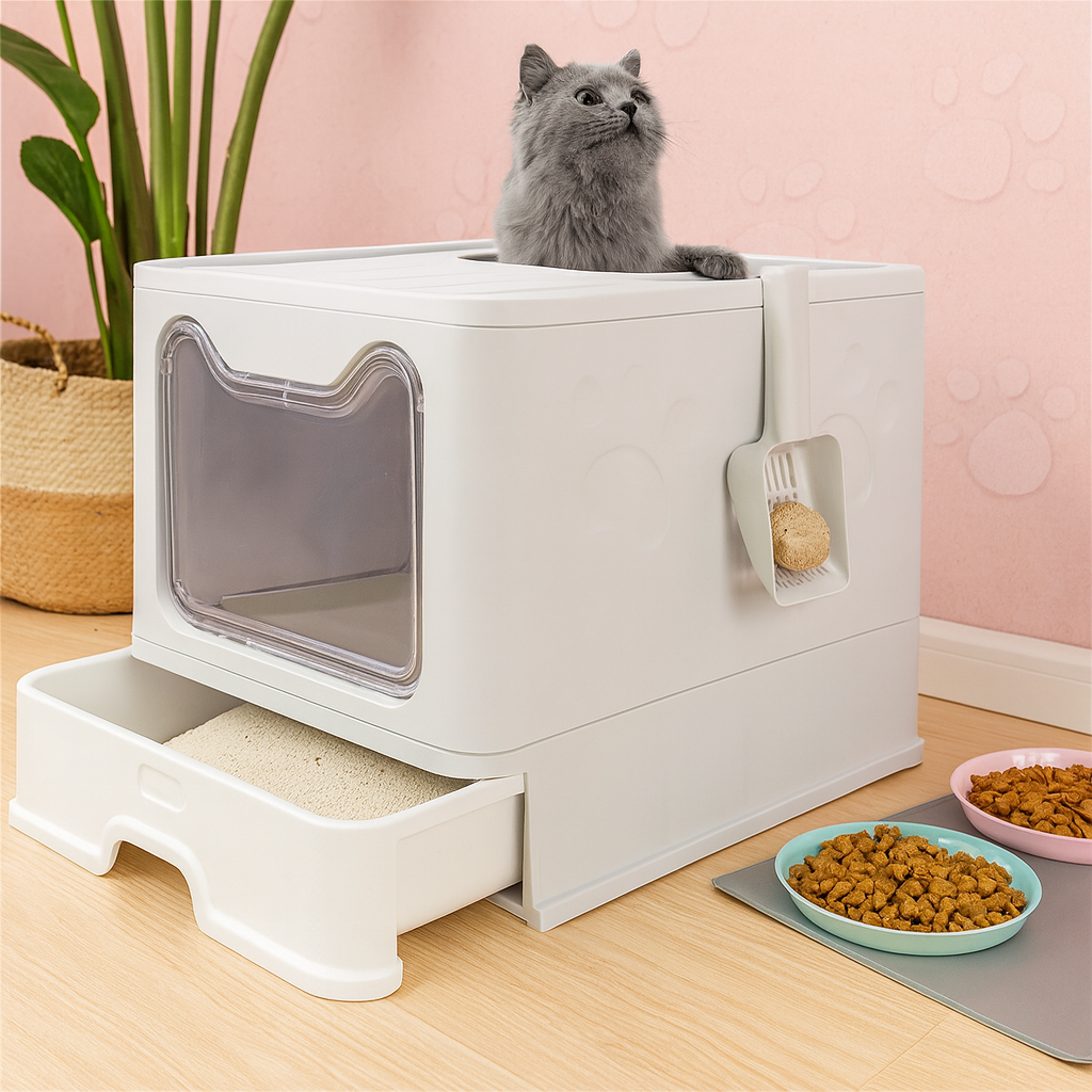 Large Foldable Cat Litter Box with Scoop – Semi-Enclosed, Anti-Tracking Design