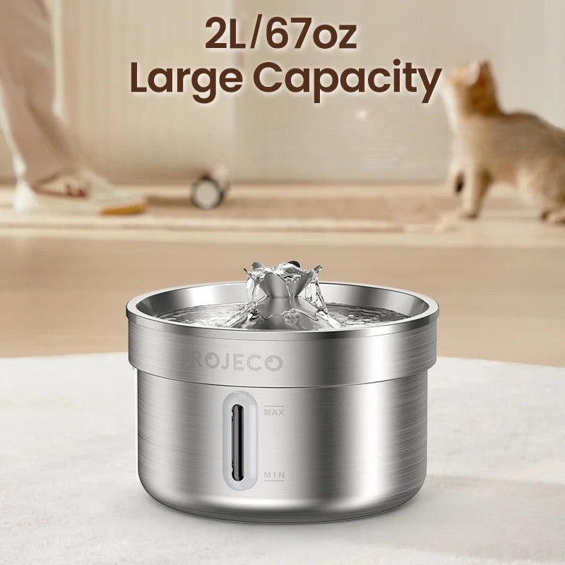 ROJECO 2L Stainless Steel Pet Water Fountain – Ultra Quiet Smart Dispenser