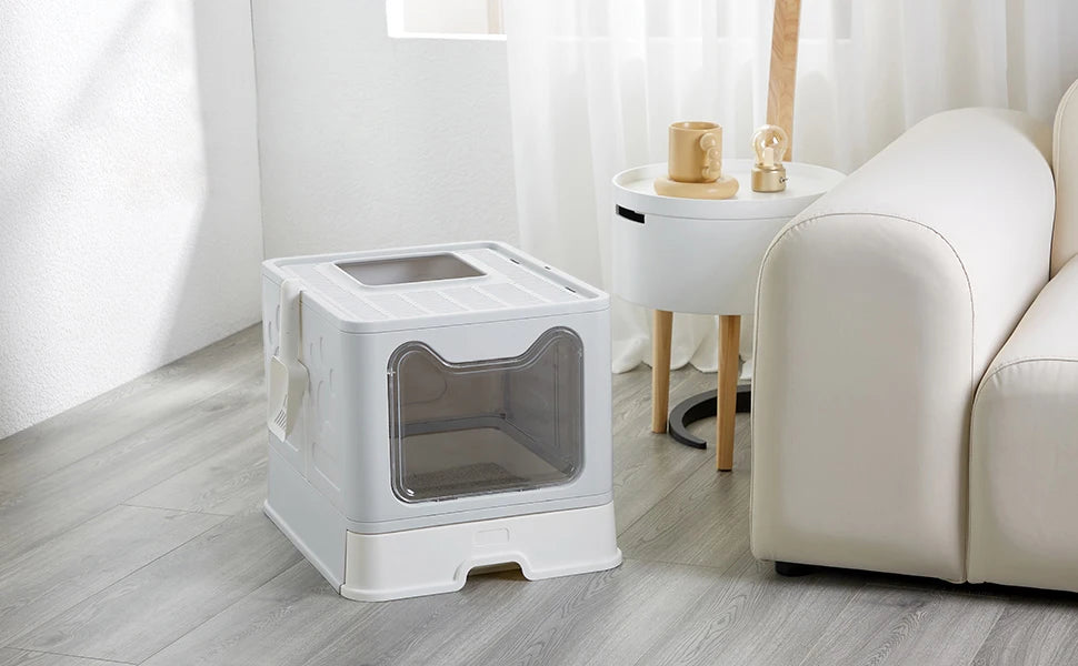 Large Foldable Cat Litter Box with Scoop – Semi-Enclosed, Anti-Tracking Design