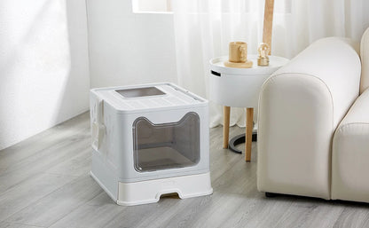 Large Foldable Cat Litter Box with Scoop – Semi-Enclosed, Anti-Tracking Design