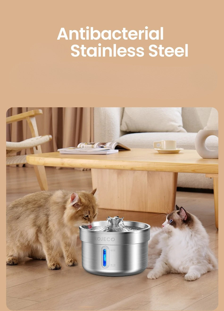 ROJECO 2L Stainless Steel Pet Water Fountain – Ultra Quiet Smart Dispenser