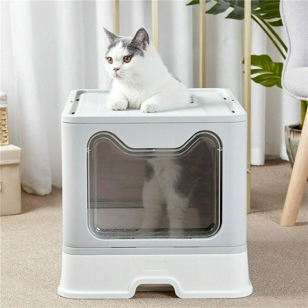 Large Foldable Cat Litter Box with Scoop – Semi-Enclosed, Anti-Tracking Design