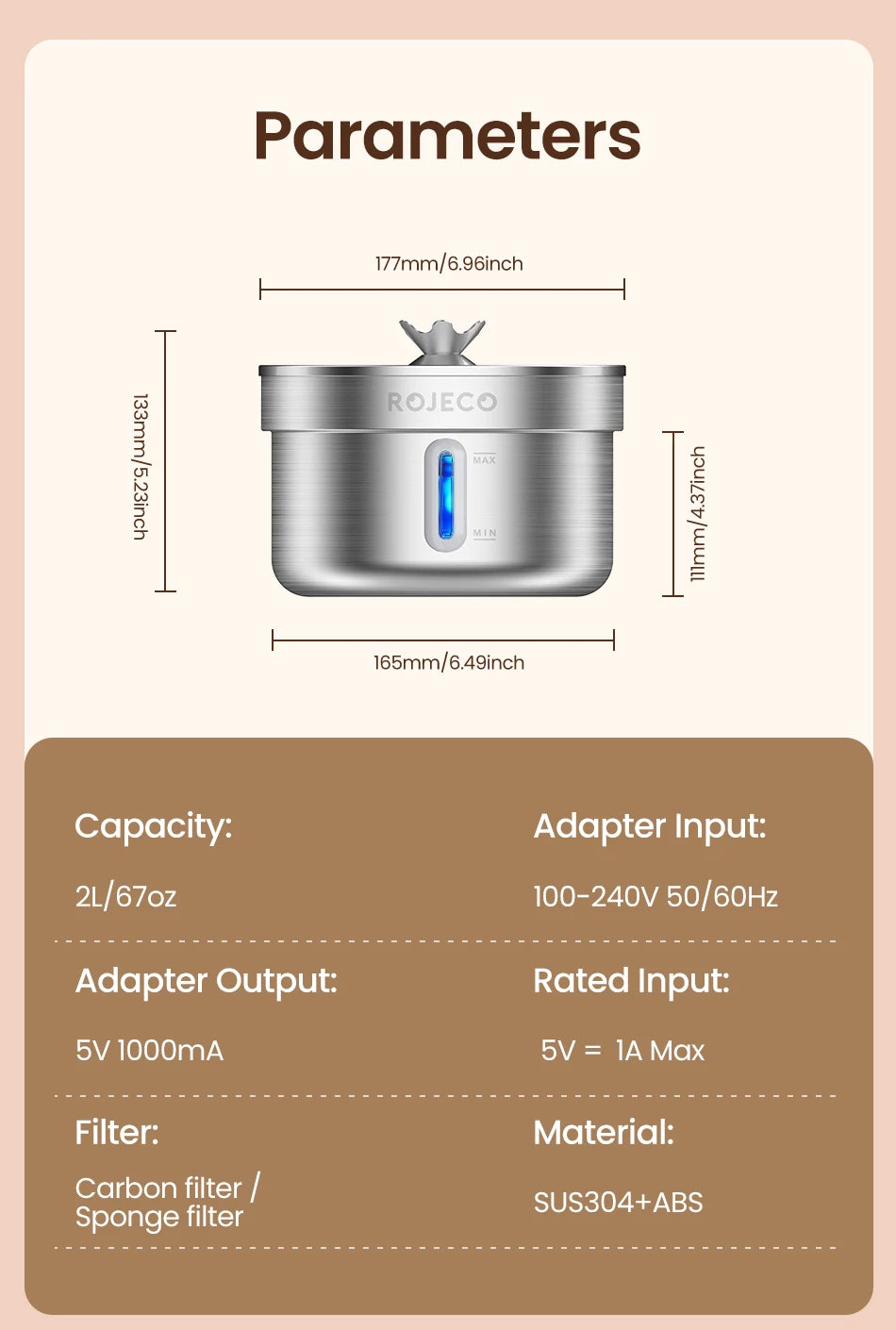 ROJECO 2L Stainless Steel Pet Water Fountain – Ultra Quiet Smart Dispenser