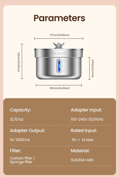 ROJECO 2L Stainless Steel Pet Water Fountain – Ultra Quiet Smart Dispenser