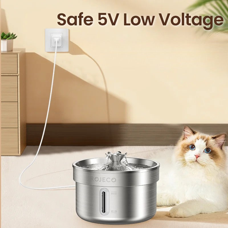 ROJECO 2L Stainless Steel Pet Water Fountain – Ultra Quiet Smart Dispenser