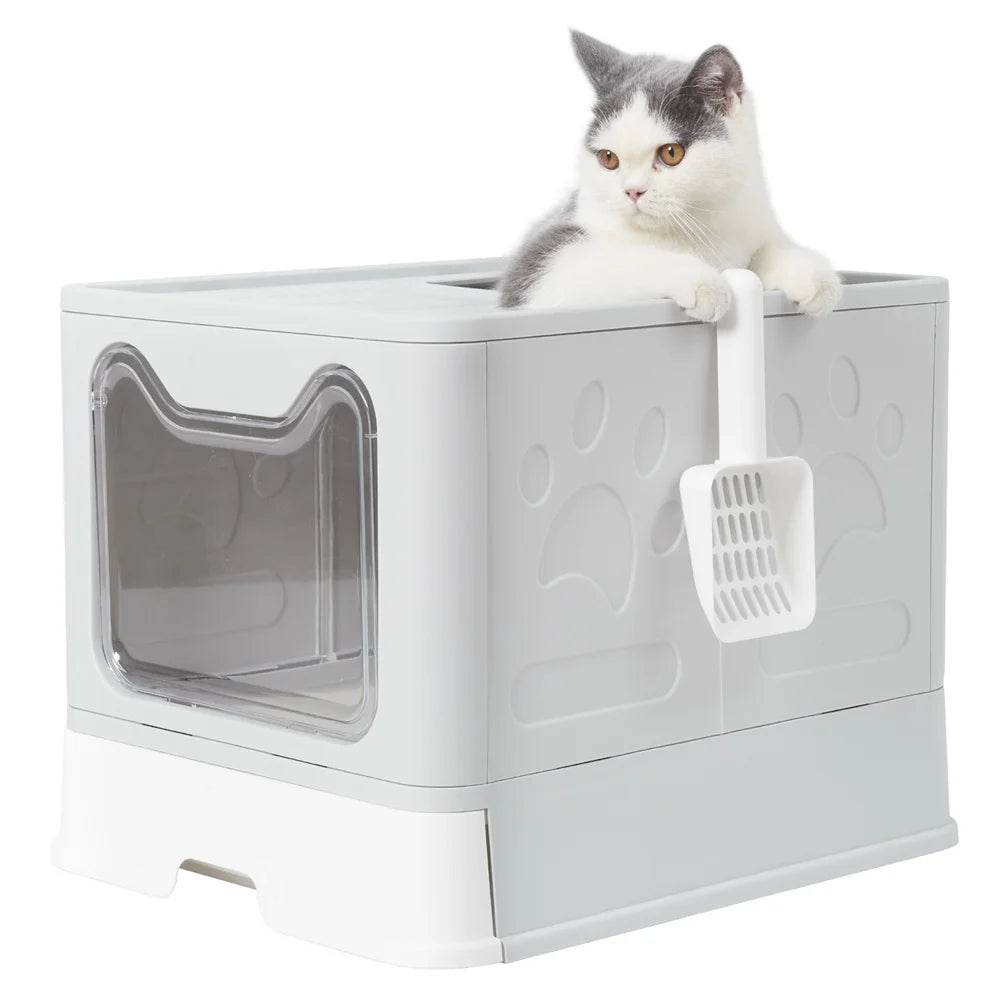 Large Foldable Cat Litter Box with Scoop – Semi-Enclosed, Anti-Tracking Design