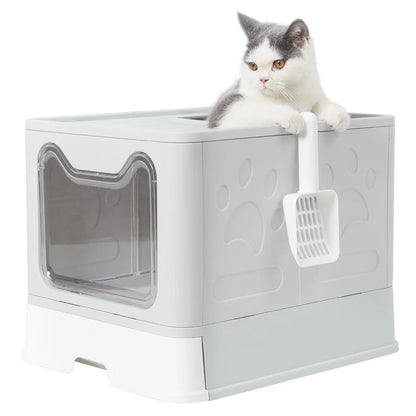 Large Foldable Cat Litter Box with Scoop – Semi-Enclosed, Anti-Tracking Design