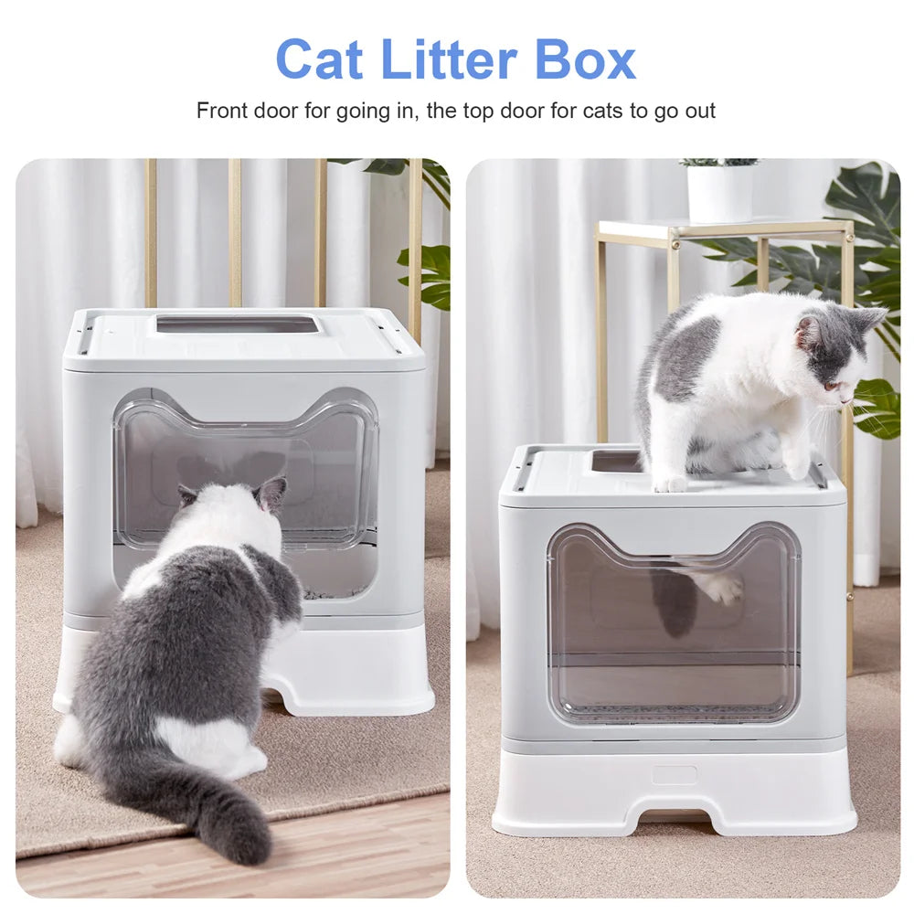Large Foldable Cat Litter Box with Scoop – Semi-Enclosed, Anti-Tracking Design