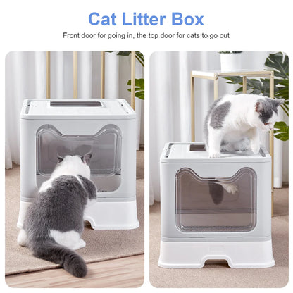 Large Foldable Cat Litter Box with Scoop – Semi-Enclosed, Anti-Tracking Design