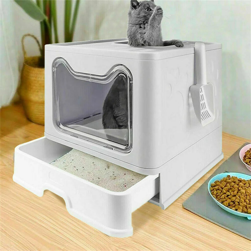 Large Foldable Cat Litter Box with Scoop – Semi-Enclosed, Anti-Tracking Design