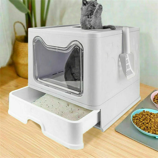 Large Foldable Cat Litter Box with Scoop – Semi-Enclosed, Anti-Tracking Design