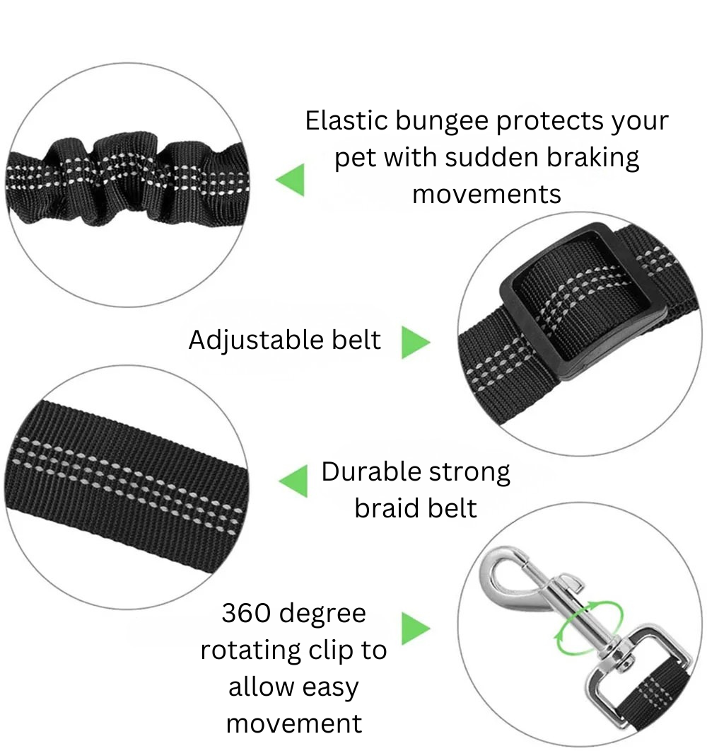 Adjustable Reflective Dog Car Seat Belt Harness – Shock Absorbing, Tangle-Free Safety Lead for Car Travel
